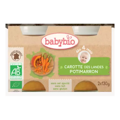 Babybio carotte des landes, potimarron, dès 4 mois, 2*130g