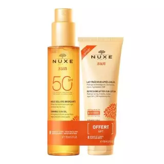 Huile solaire bronzante SPF50 150ml + Lait fraîcheur après-soleil 50ml Offert Nuxe Sun