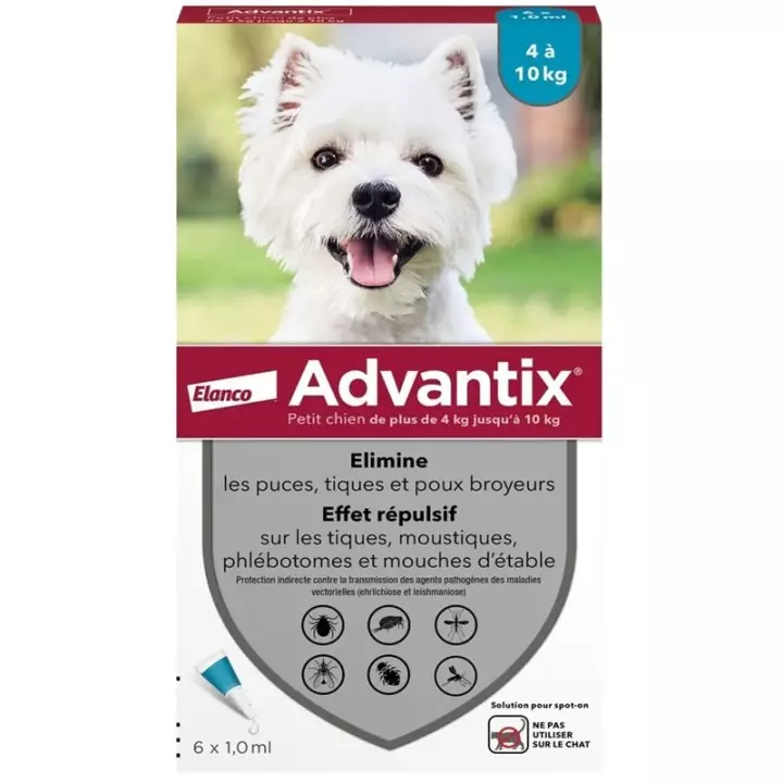 Solution antiparasitaire petit chien 4 à 10kg Advantix - 6 pipettes