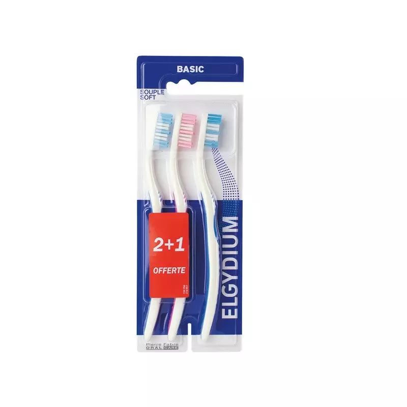 Brosse à dents souple Basic Elgydium - Hygiène bucco-dentaire - Lot de 3