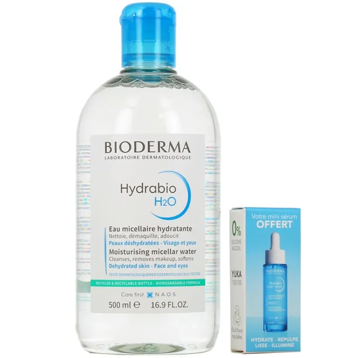 Eau micellaire Hydrabio H2O 500ml + Sérum Hydrabio 4ml Offert Bioderma