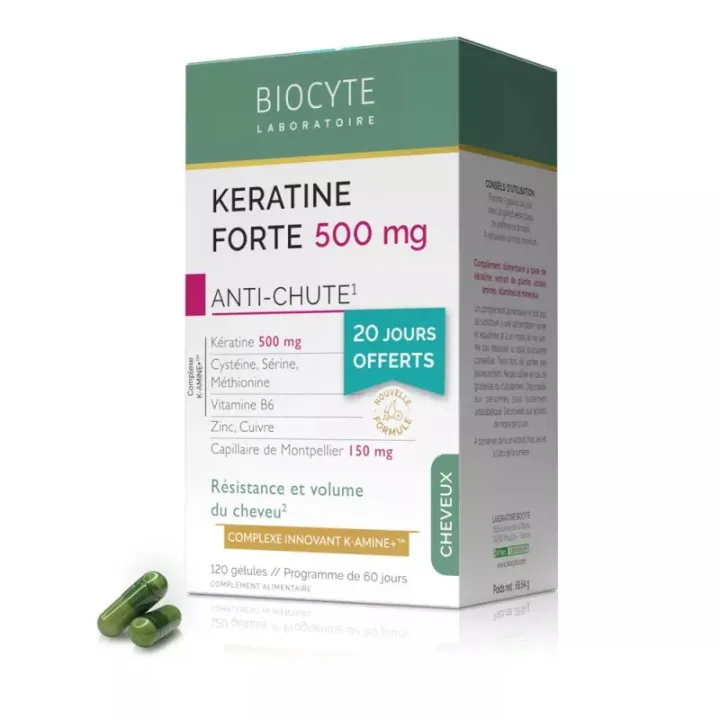 Kératine Forte 500mg anti-chute Biocyte  - Traitement anti-chute - 120 gélules