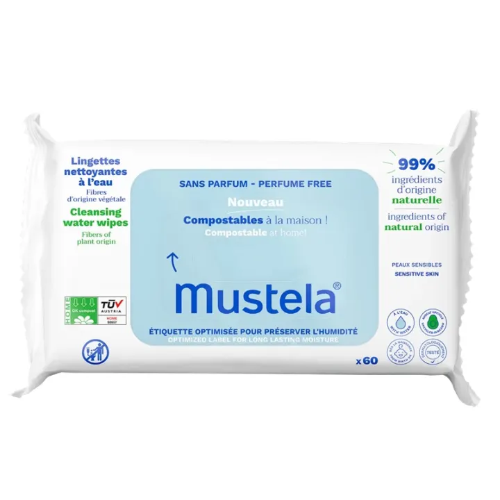 Lingettes nettoyantes compostables sans parfum Mustela - 60 lingettes